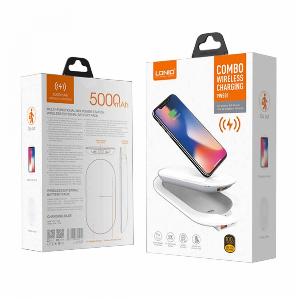 باور بنك شحن لا سلكي ويرلس سريع 5000 ملي امبير LDNIO PW501 باور بنك شحن لا سلكي ويرلس سريع 5000 ملي امبير LDNIO PW501